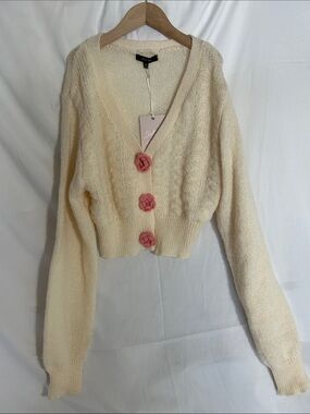 Love Tree Cream Cropped Cardigan with Pink Flower Buttons
